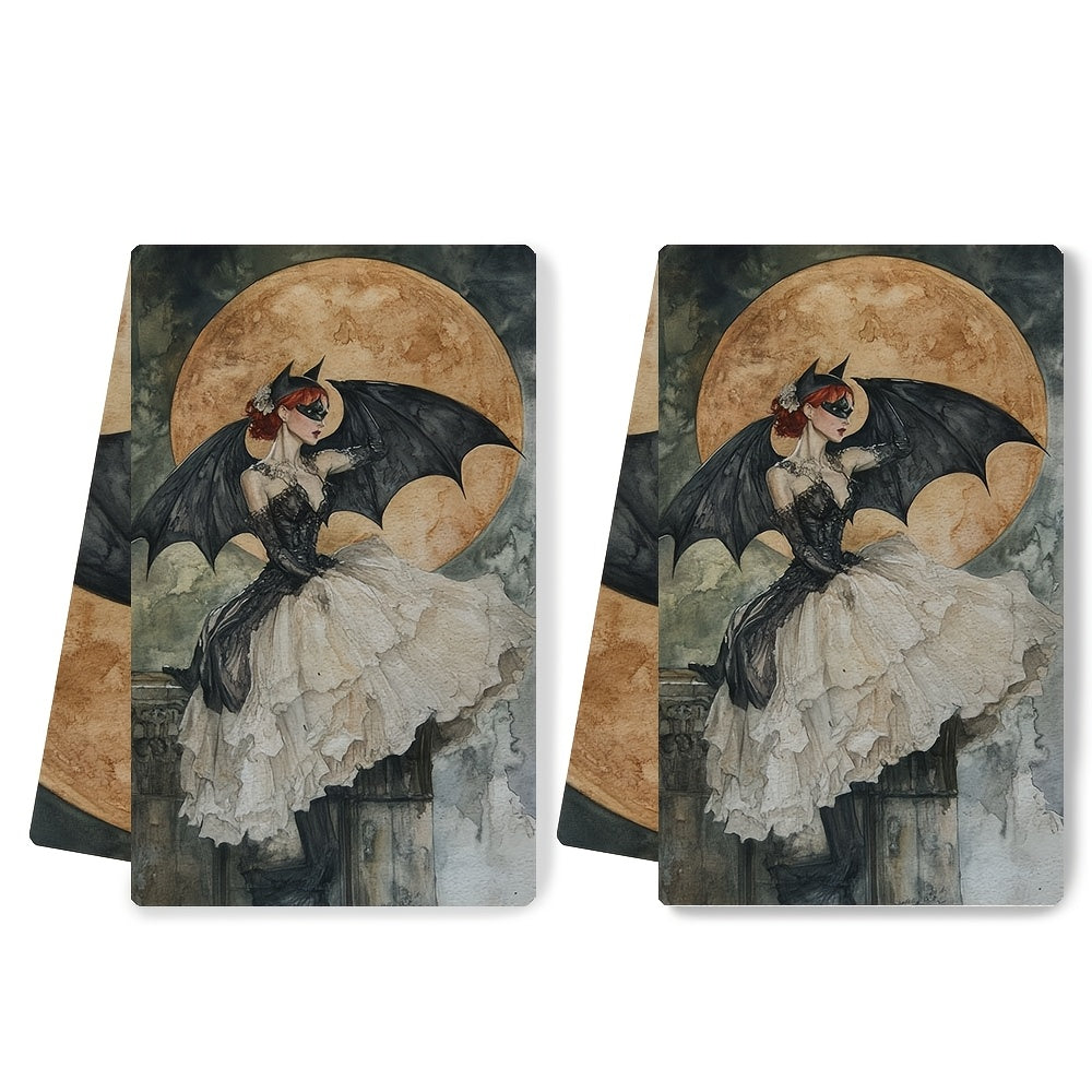 Two pieces of kitchen towels inspired by Albert Joseph Penot featuring a Bat Woman design. These ultra soft and highly absorbent polyester dish hand towels measure 40.64x60.96 cm and boast a gothic elegance design. They are machine washable and perfect