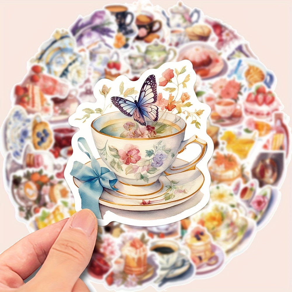 Set of 50 Afternoon Tea & Dessert Waterproof Stickers - Made from PET Material, Vibrant Kitchen & Dining Decals for Laptops, Phones, Notebooks, Water Bottles, Helmets, Guitars, Suitcases, and more. Fashionable, long-lasting stickers for your whimsical