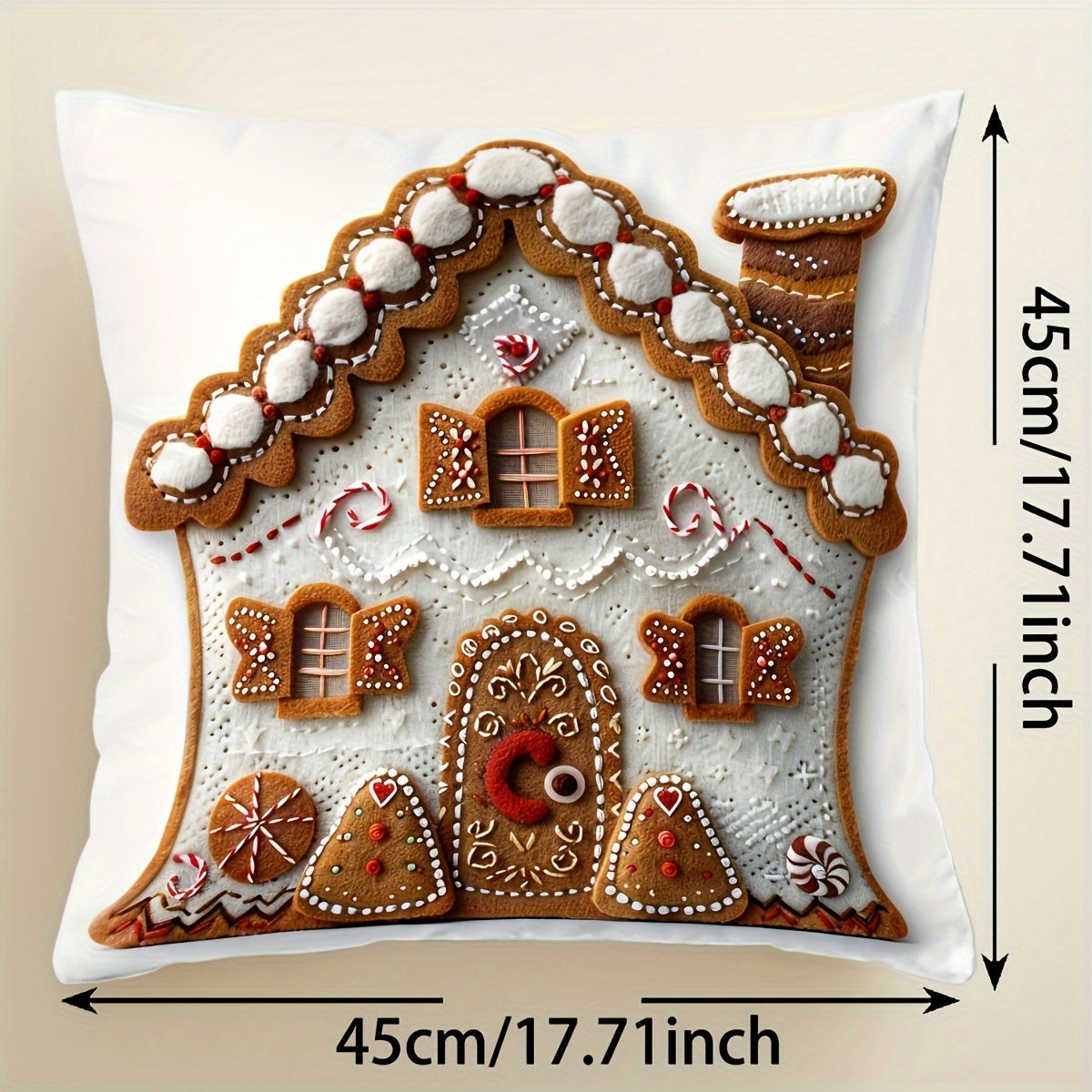 1PC Contemporary Gingerbread House Throw Pillow Cover, 100% Polyester with Zipper Closure, Machine Washable - Festive Christmas Design, 45.72x45.72 cm. Ideal for Living Room, Sofa, Farmhouse, Porch.