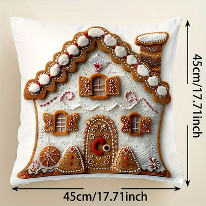 1PC Contemporary Gingerbread House Throw Pillow Cover, 100% Polyester with Zipper Closure, Machine Washable - Festive Christmas Design, 45.72x45.72 cm. Ideal for Living Room, Sofa, Farmhouse, Porch.