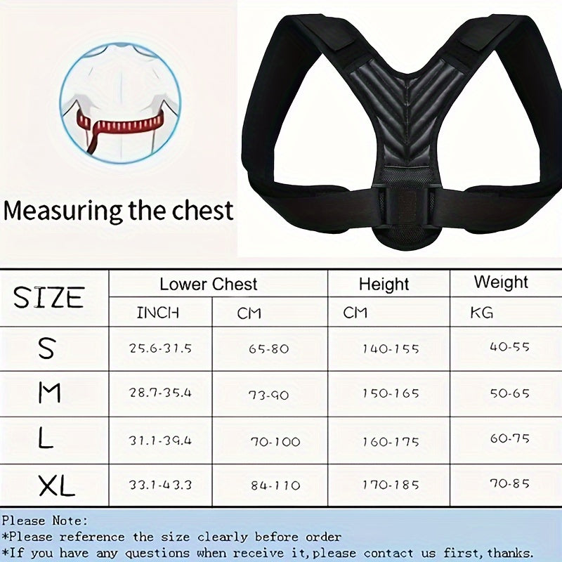 Sleek black posture corrector with adjustable straps for men and women, provides clavicle and lumbar support, made of durable polyester, hand-washable.