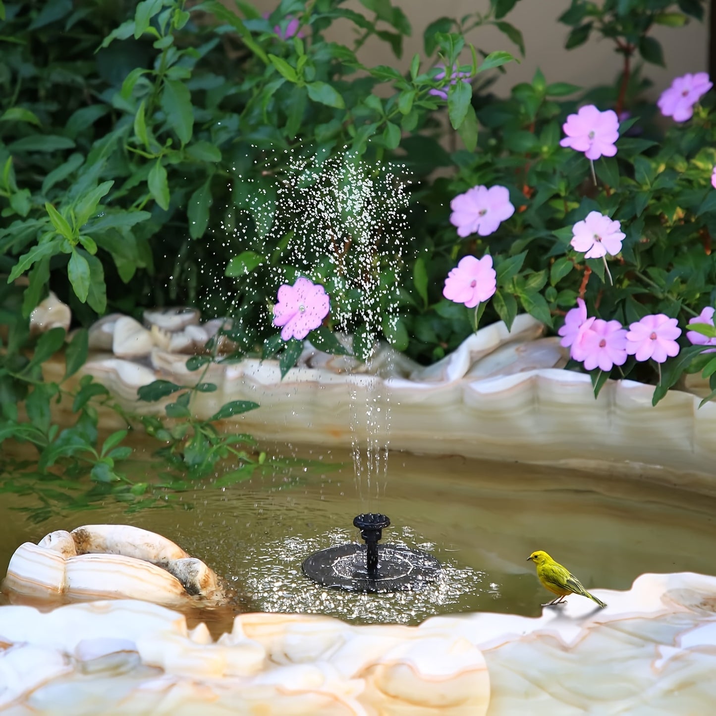 Solar fountain water pump with 6 nozzles for various outdoor decorations such as bird baths, ponds, gardens, and backyard aquariums.