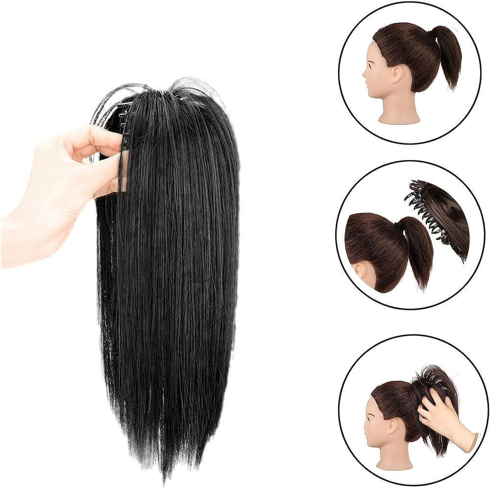 Women's synthetic claw clip ponytail extension with medium long straight hair for a natural look. Easy to wear for daily use.