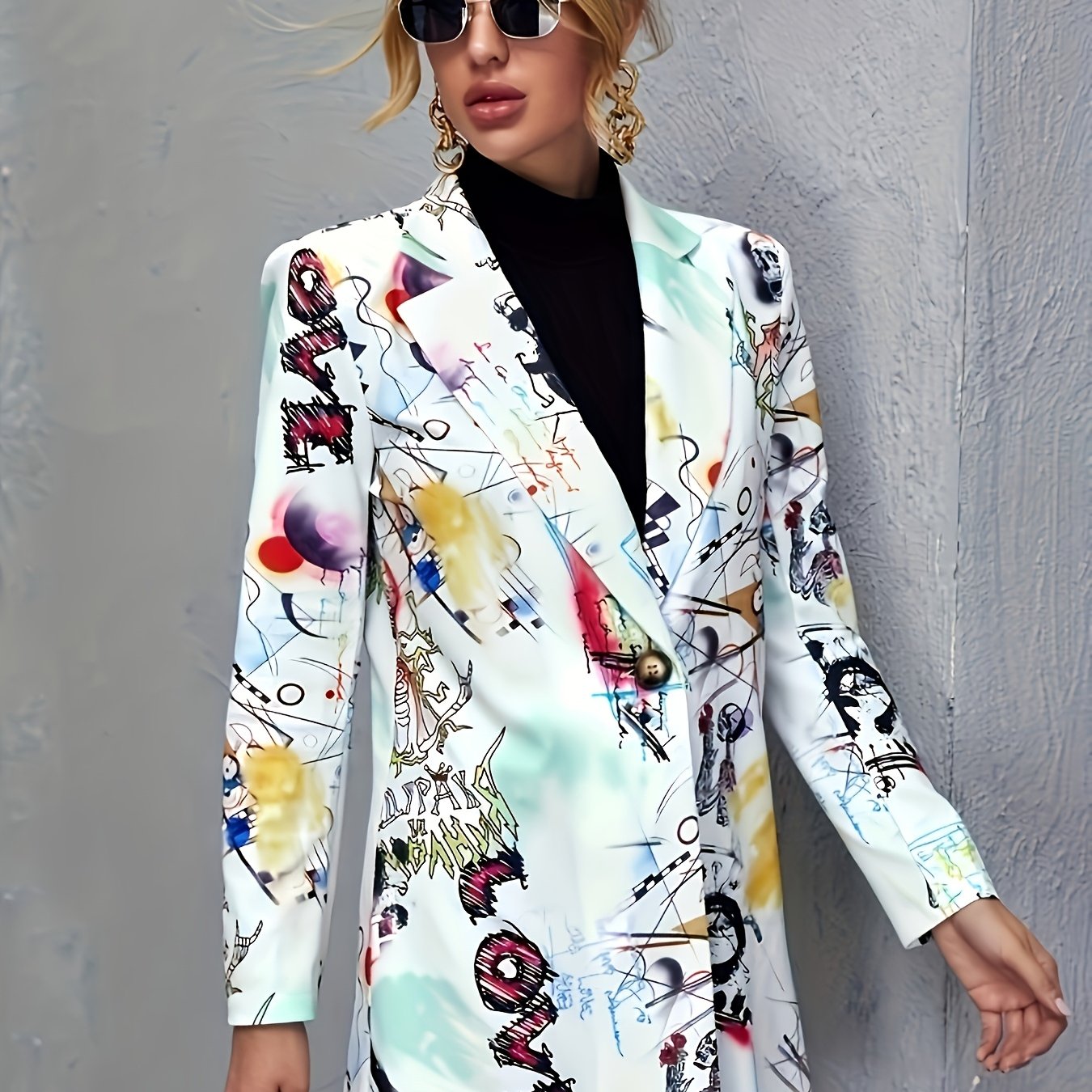 Plus size graffiti print blazer with long sleeves and open front, featuring a vibrant abstract design. Casual and stylish outerwear made from stretch fabric.