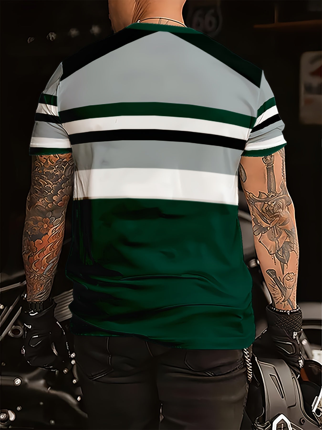 Men's Fashion Striped T-Shirt, Polyester Crew Neck, Regular Fit - Deep Green and White