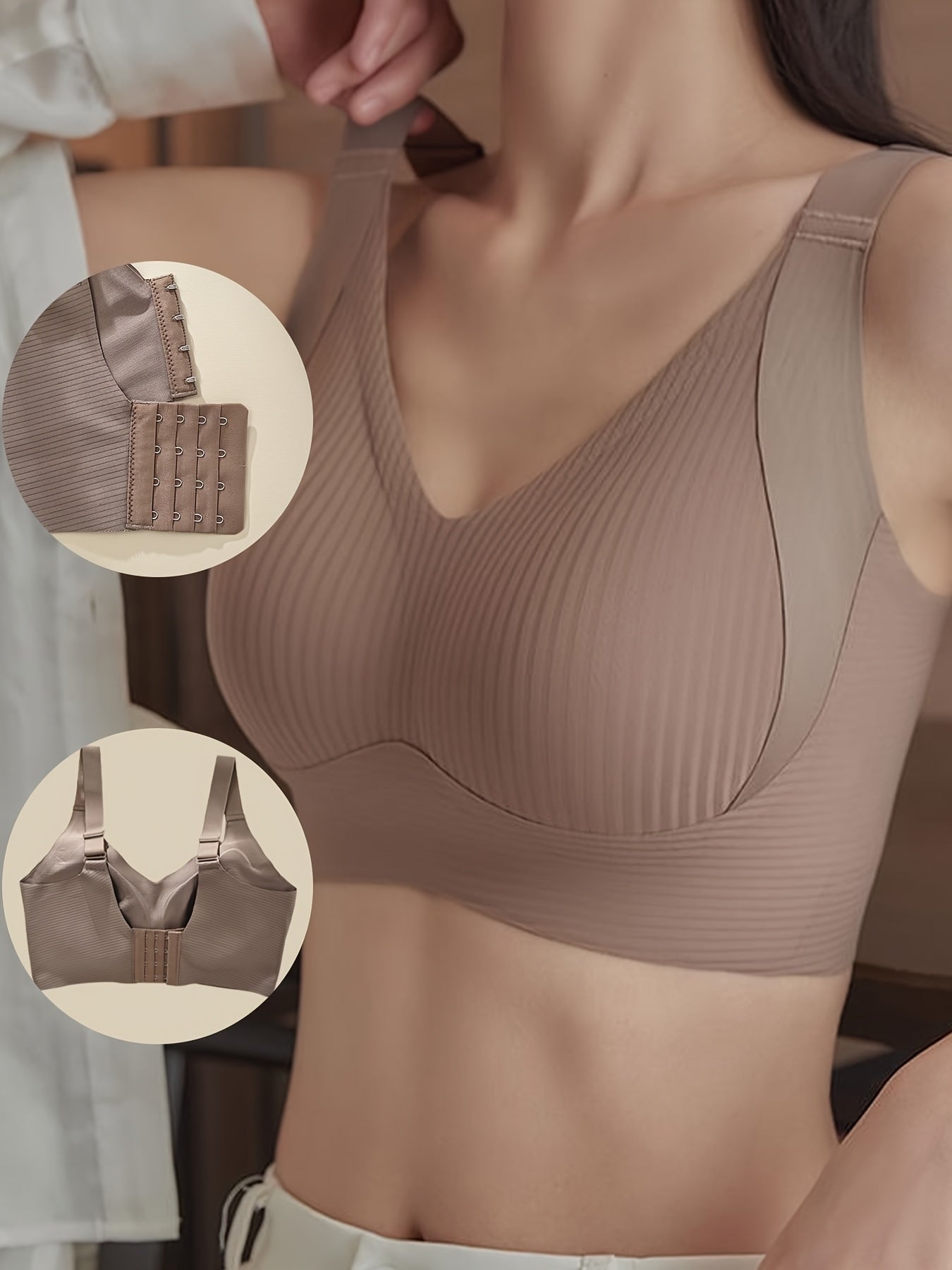 Elegant seamless wireless bralette with soft support and wide straps for comfortable daily wear.