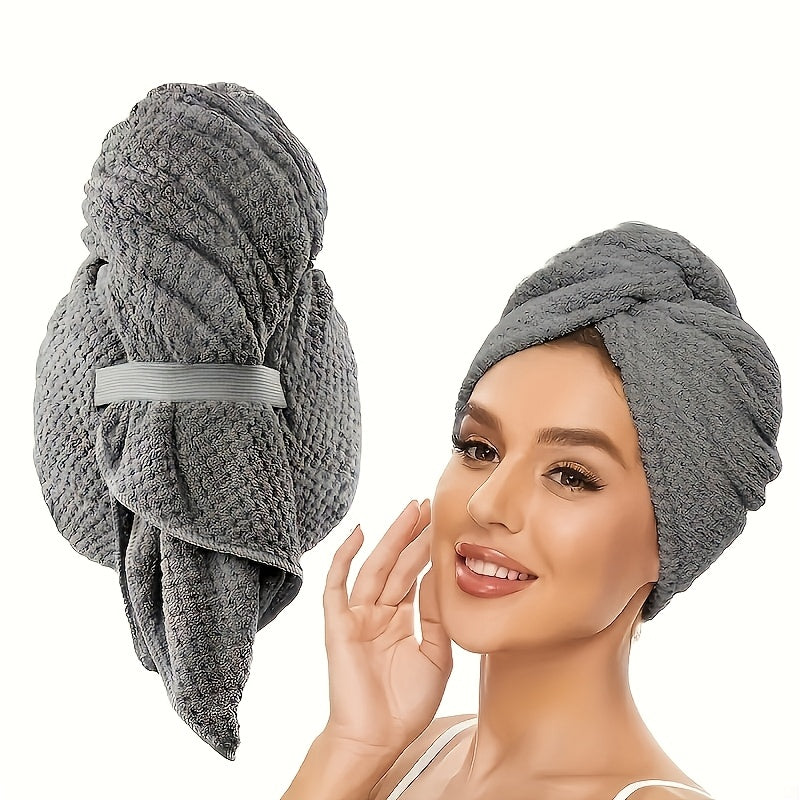 Absorbent microfiber hair towel wrap for women with elastic band, perfect for quick drying curly and thick hair.