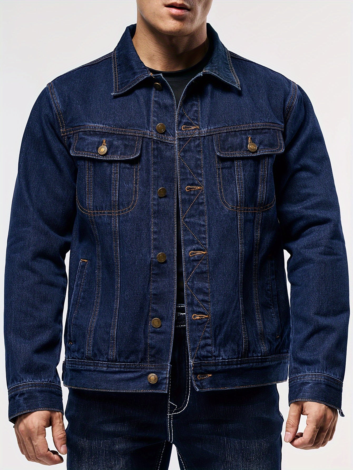 Men's Denim Jacket - Long Sleeve with Flap Pockets, Machine Washable