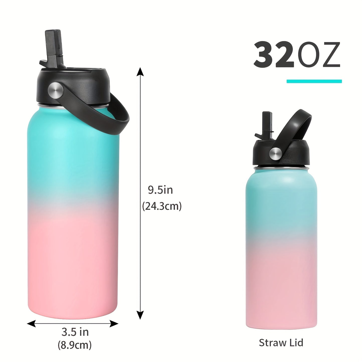 Insulated sports water bottle, 32oz, with straw and lid for outdoor activities and travel.