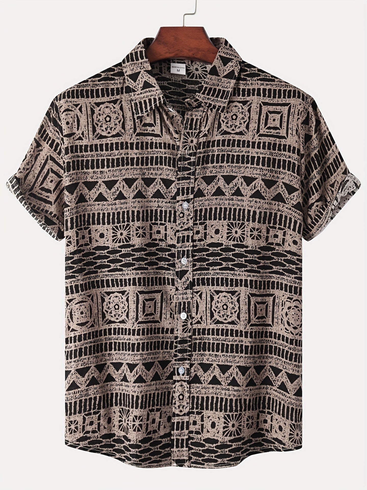 Men's geometric print button-up shirt, perfect for summer.