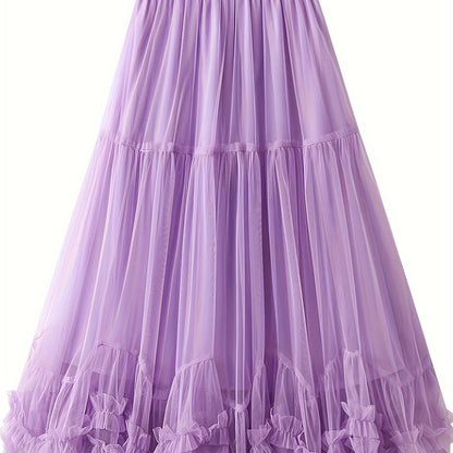 High-waist slimming mesh skirt with layered ruffles, machine washable - ideal for all seasons.