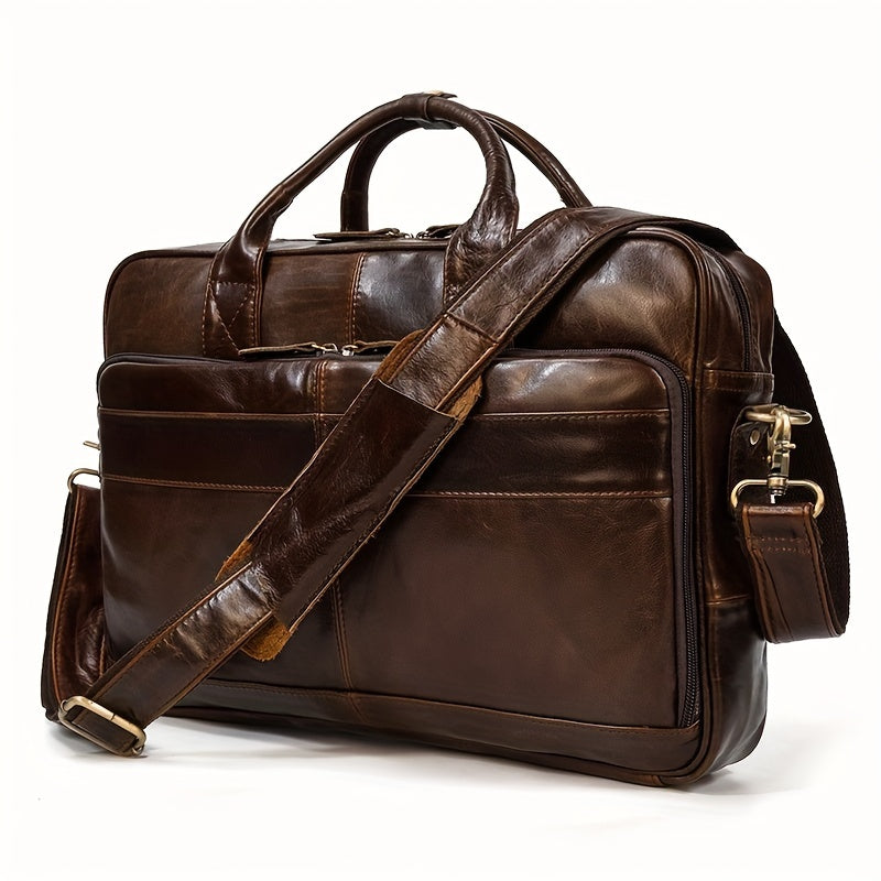 Men's genuine leather briefcase with laptop compartment, adjustable shoulder strap, zipper closure, and polyester lining for office and daily commute.