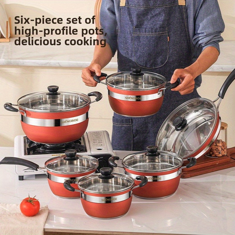 Set of 6: Budget-Friendly Hot Pot and Household Stainless Steel Cookware Set, including Frying Pan, Soup Pot, and Induction Cooker, in Colorful Kitchenware Design.