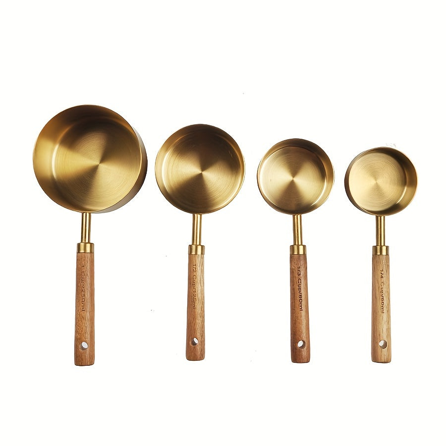 Set of 4 measuring cups and 4 measuring spoons with wooden handles, made of stainless steel. Includes graduated measurements for precise baking and cooking. A must-have tool for any kitchen, perfect for apartments and essential for cooking and baking