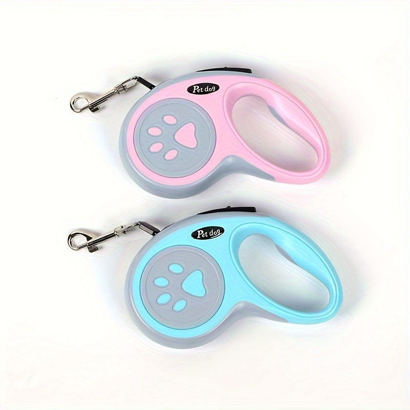 Durable polyester retractable dog leash featuring paw print design, ideal for dogs. Easy to use and store.