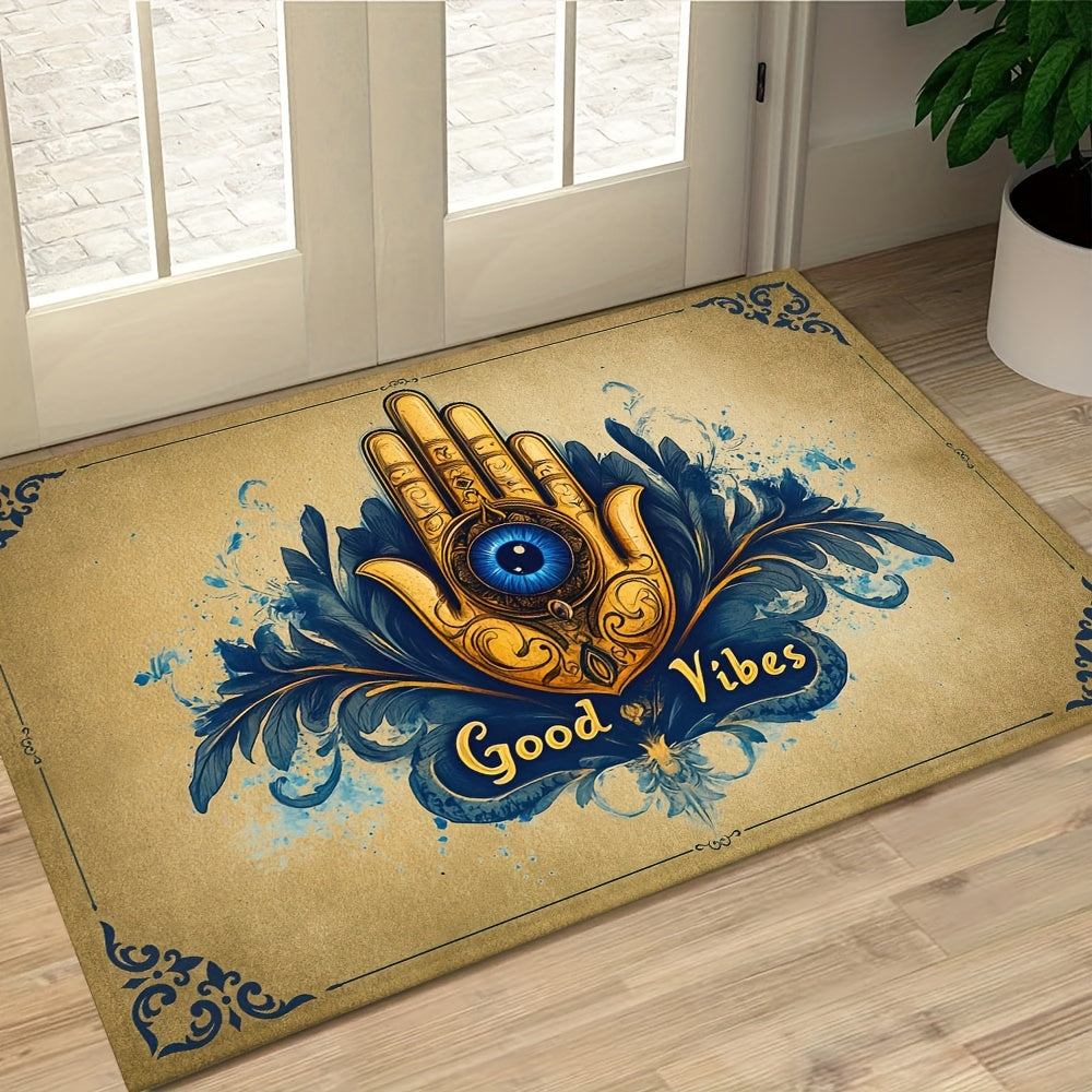 Add a touch of style to your home with this Evil Eye Welcome Doormat. Featuring a Good Vibes pattern, this decorative woven floor mat is non-slip, machine washable, and easy to clean. Made of polyester, this rug is perfect for both indoor and outdoor