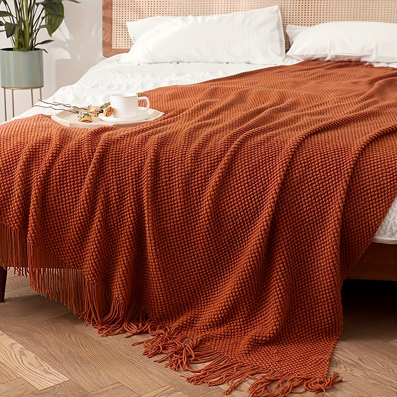 Orange Knit Throw Blanket with Long Tassels - Lightweight, Bubble Textured, Soft Blanket for Bed, Couch, Sofa, Chair, Outdoor Picnics - All Season Use - 1 Piece