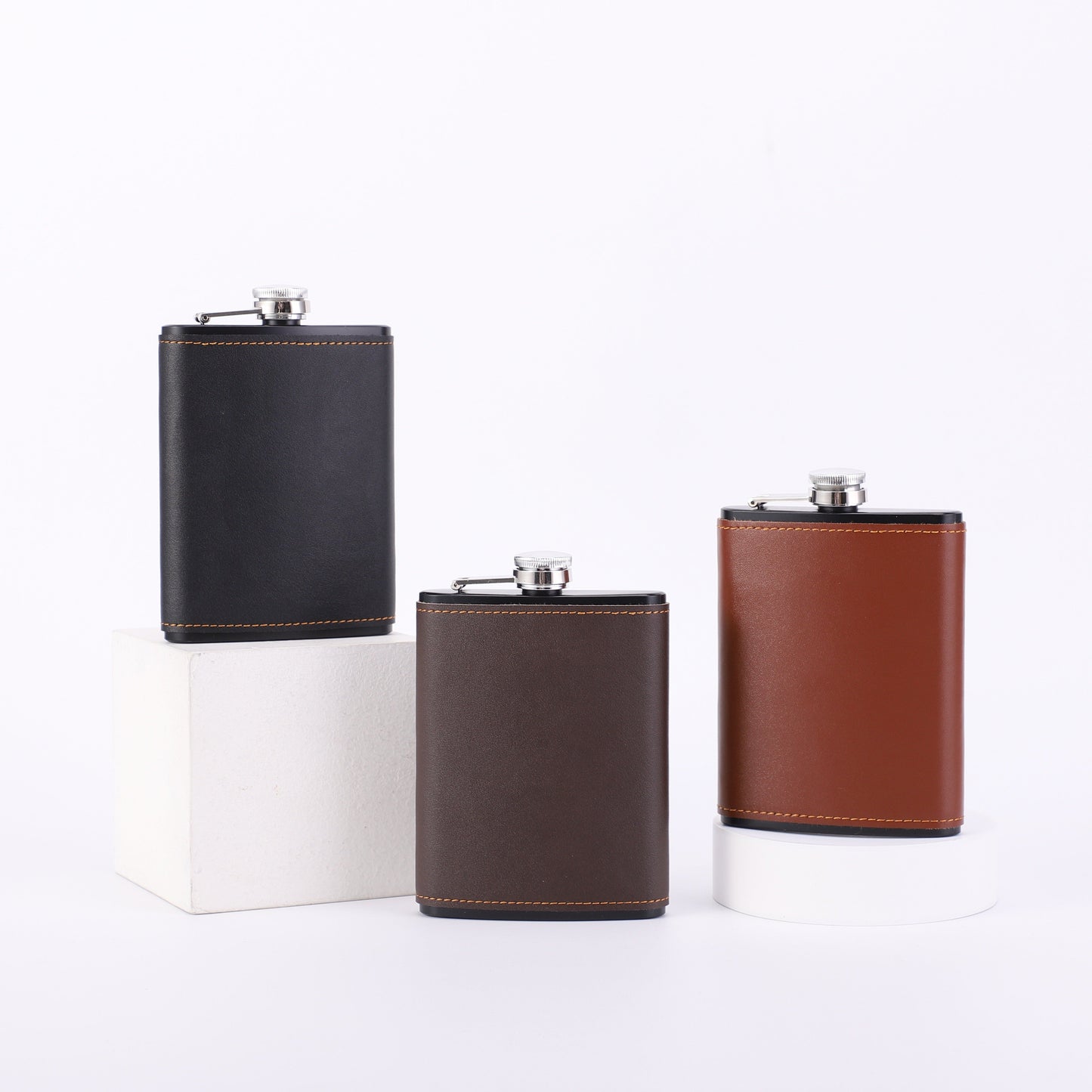 The most popular option is the 1-piece 8-ounce stainless steel hip flask with a faux leather case. Available in sleek black or brown with a polished finish, this flask is portable and perfect for outdoor camping and travel. It's ideal for storing liquor