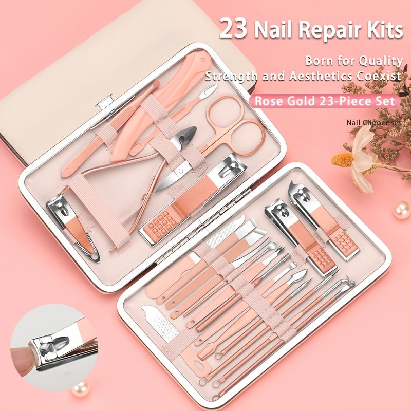 Pink nail tool set for girls, includes various tools for nail care and grooming.