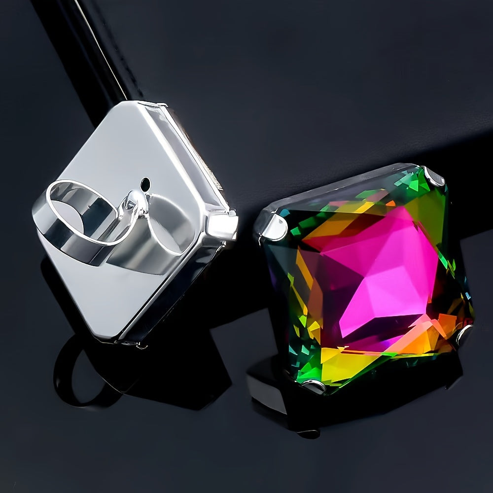 Women's Adjustable Bohemian Geometric Ring - Oversized Fashion Accessory with Elegant Multicolor Reflective Crystal Detail