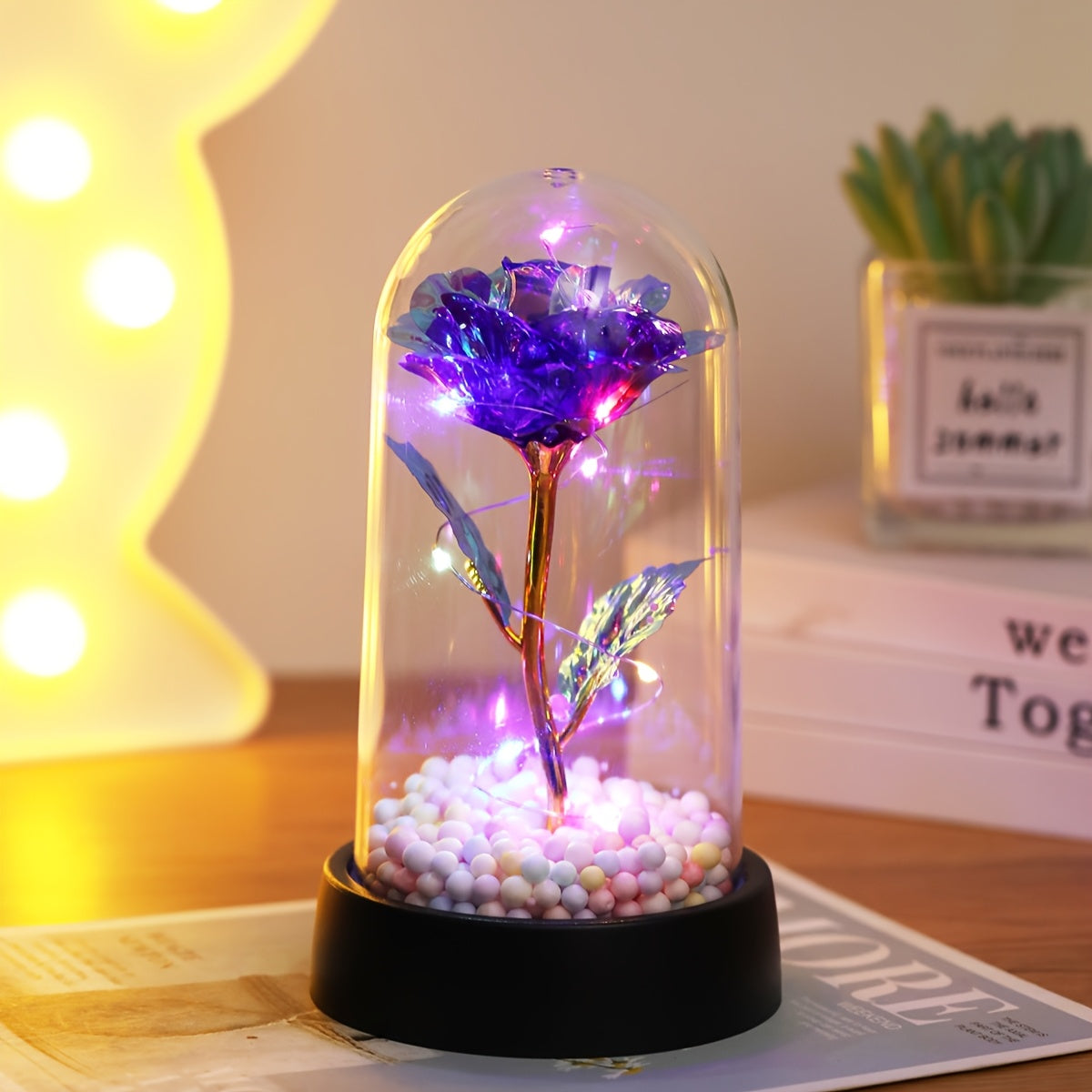 Modern LED Rose Flower Night Light with Golden Foil Accents, Battery Operated for Bedroom Decor, Special Occasions, and Gifts.