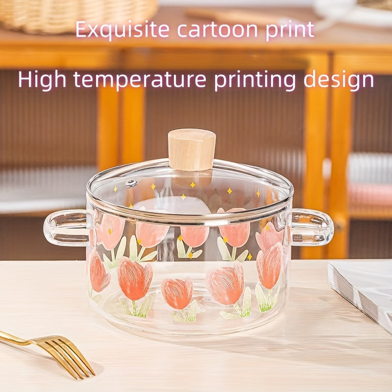 Glass soup pot with tulip print design, includes 1 heat-resistant pad and 5 sponge brushes. Made of high-borosilicate non-stick cookware material, suitable for use on electric stoves. Perfect for cooking soups, milk, and pasta in the kitchen.