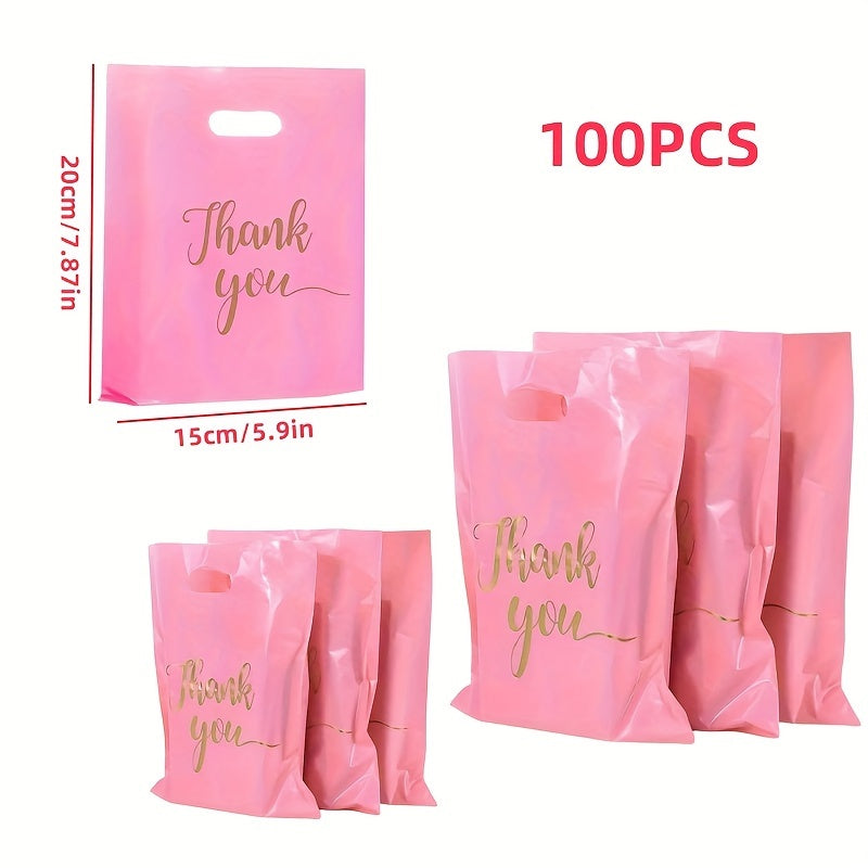 Stylish reusable plastic tote bags, ideal for retail, boutique, gifts, clothing & party favors, with elegant thank you text in black, white, and pink with golden cursive.