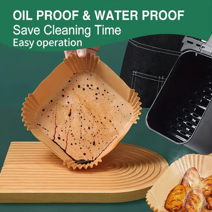 50 large rectangular silicone air fryer liners, designed for easy cleaning and space-saving storage. These non-stick, oven safe liners are ideal for home chefs looking to simplify their baking and cooking experience.