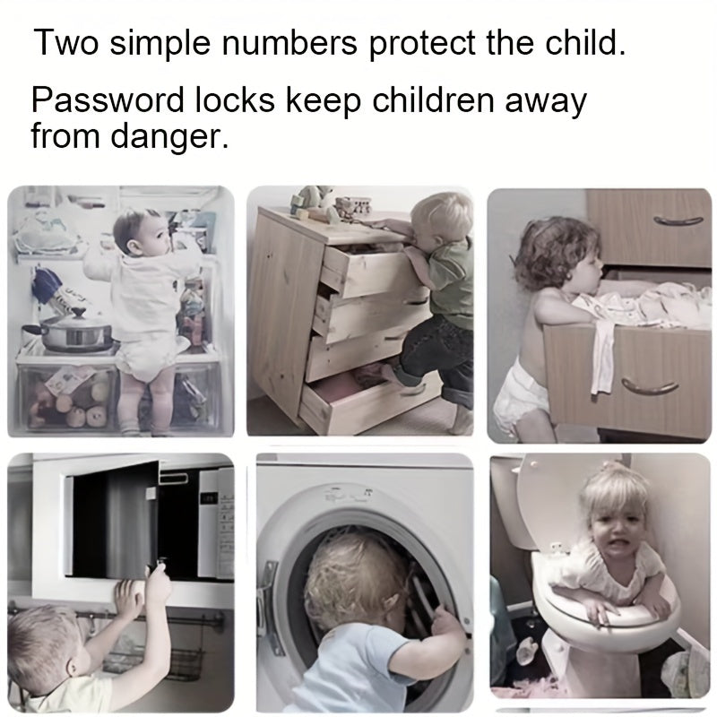 Simple to set up child safety locks with a 2-digit password for drawers, fridges, cabinets, and windows. No need to drill holes. Comes in gray, white, and black colors and is phthalate-free.