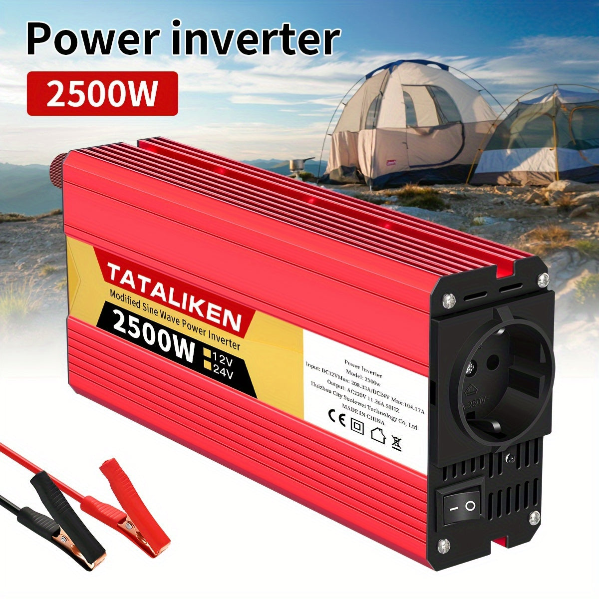 2500W-600W car power inverter with multi-function charger plug, converting DC 12V to AC 220V. Includes USB charger for RV, travel, and Euro regulation sockets. No battery required.