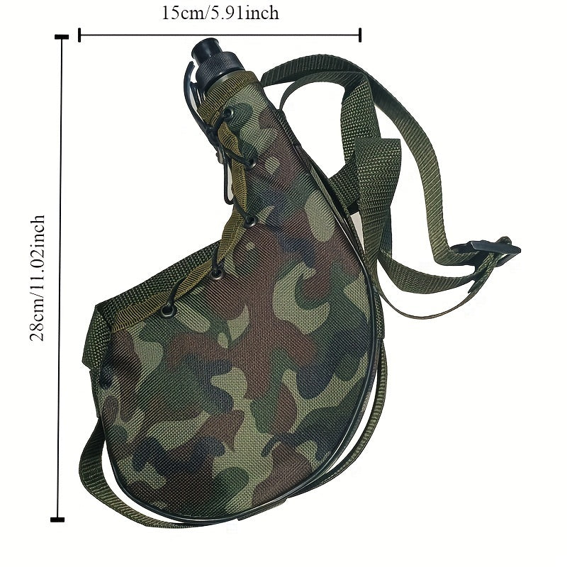 Leak-proof portable desert pot with camouflage sling bag, BPA-free plastic oval-shaped water bottle for outdoor adventures, hand-wash only.