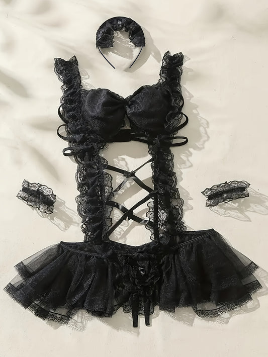 Sexy maid costume with mesh tights, suspender skirt, headwear, and bracelet.