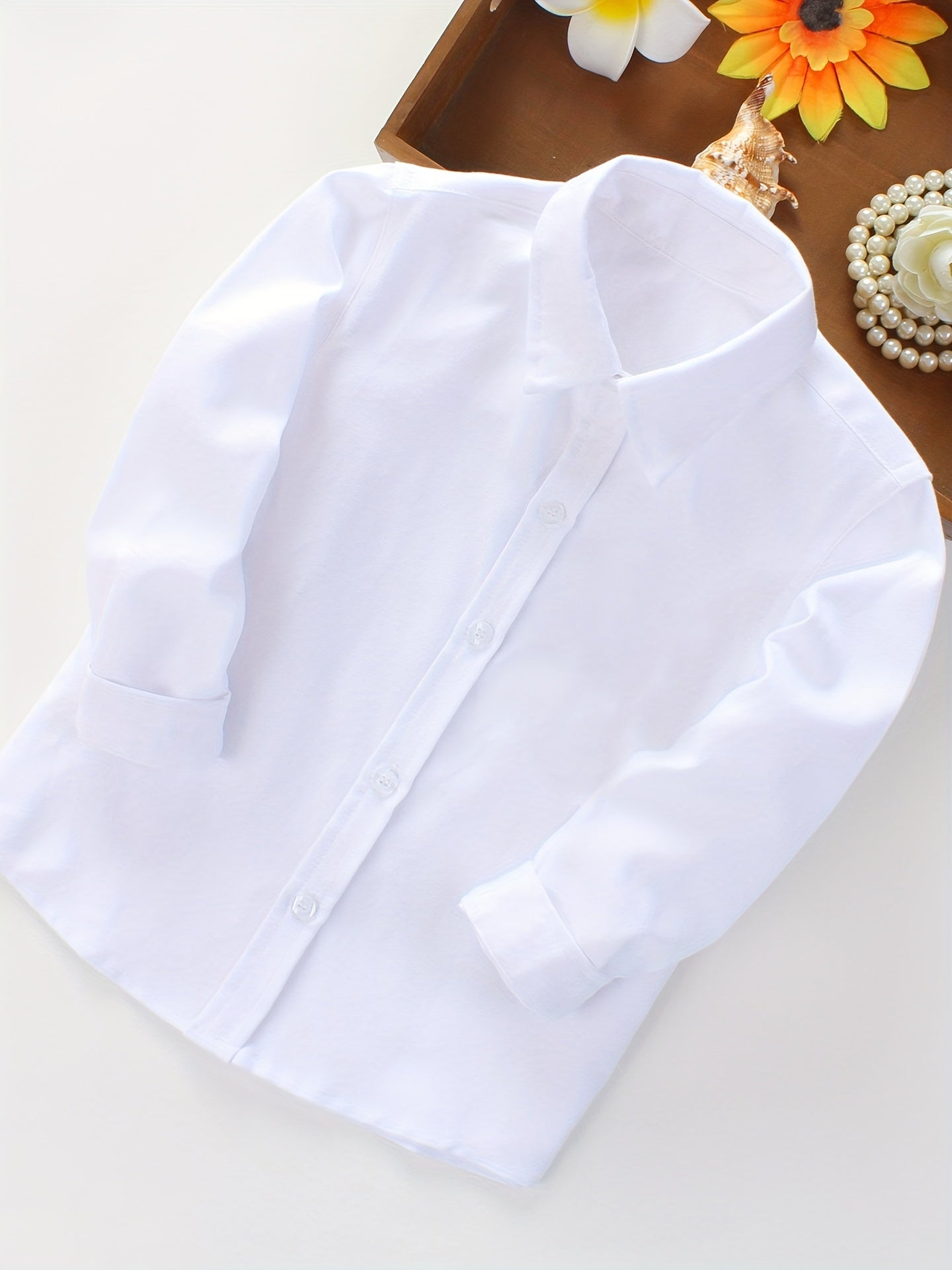 Solid color formal dress shirts for boys - long sleeve button-up tops for spring and fall wear.