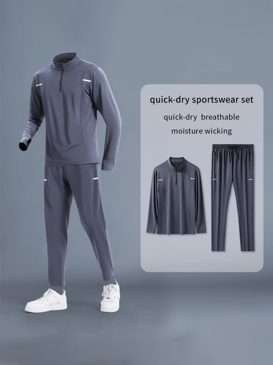 Men's Quick-Dry Athletic Set - Long sleeve zip-up jacket with stand collar, matching pants, striped detail, for running, cycling, and fitness, all seasons, breathable and moisture-wicking.