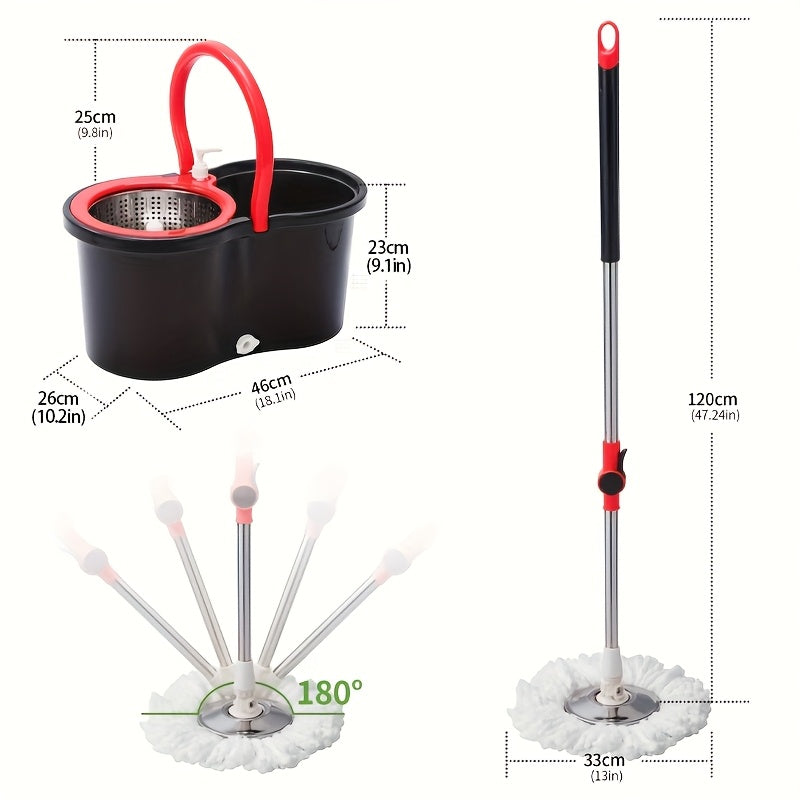 Spin Mop and Bucket Set includes 3 pieces, featuring a 360° rotating mop system with an ultrafine fiber mop head and adjustable stainless steel handle. Perfect for cleaning living rooms, bedrooms, and bathroom floors.