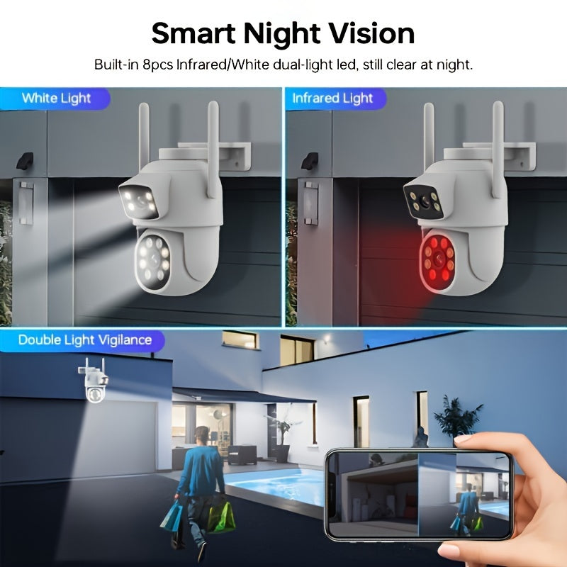 Two pieces of 4MP dual lens security cameras with PTZ, two-way audio, WiFi enabled, support for SD and cloud storage for pet and monitoring purposes. Features smart app control, suitable for home outdoor use, and equipped with wireless CCTV technology.