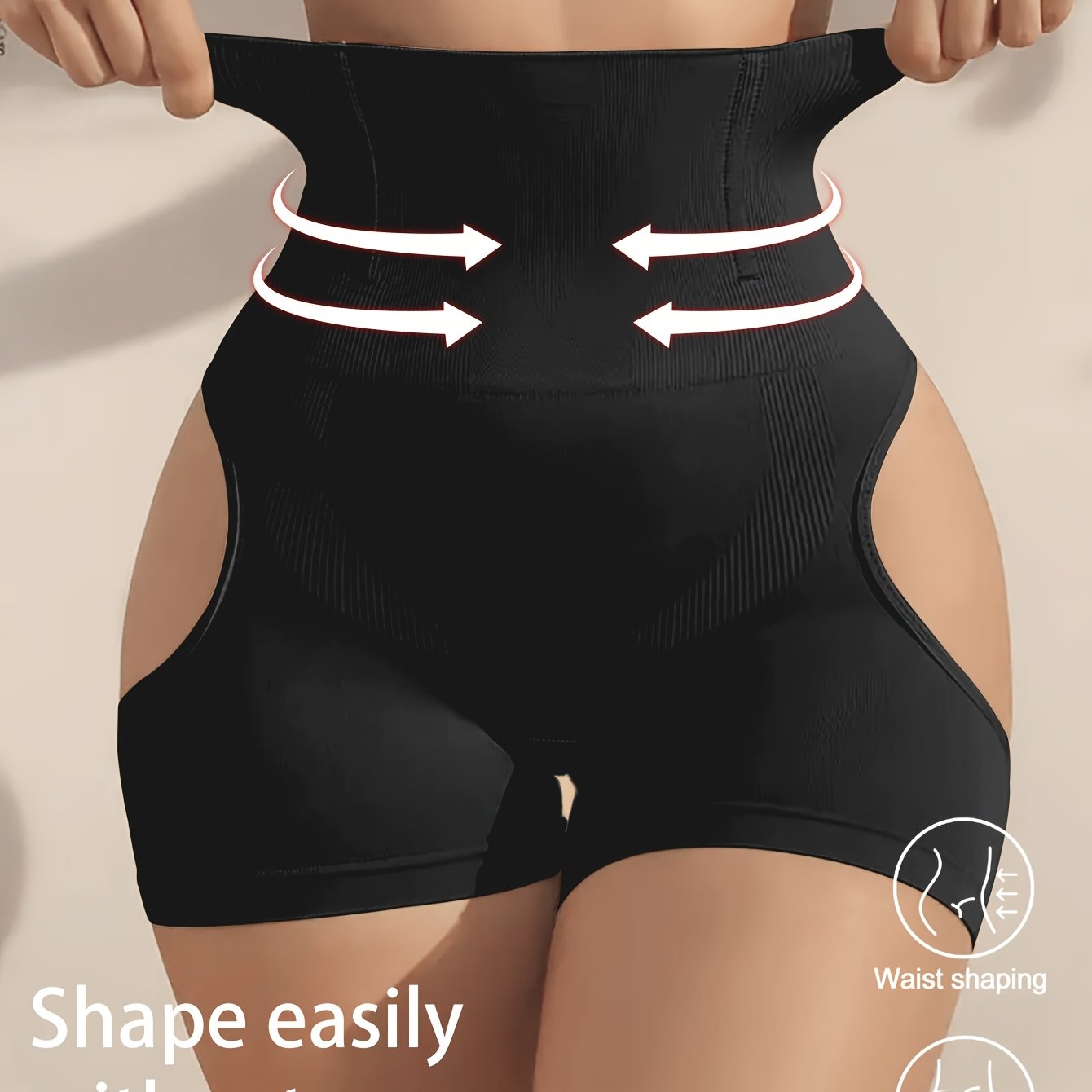 High-waisted tummy control shaper shorts with waist slimming and leg shaping features. Made of 85% polyamide and 15% elastane. Solid color knit fabric, weighing 160g/m².