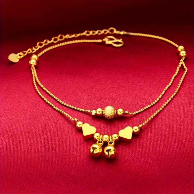 Classic and Elegant 24K Gold Plated Double Strand Anklet with Heart Charms and Bells, Made of Copper, No Mosaic Design, Perfect for Women, Ideal Fashion Jewelry for Weddings, Parties, and Year-round Wear