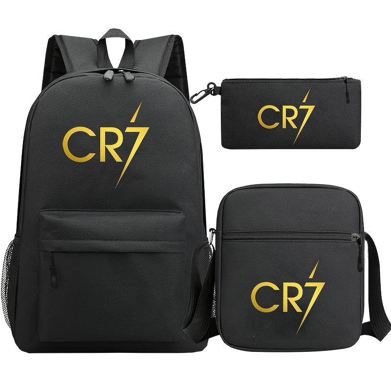 CR7-inspired men's backpack set includes 3 pieces: backpack, crossbody pouch, and pen case. Lightweight and spacious, perfect for school or commuting. Made of durable polyester, hand