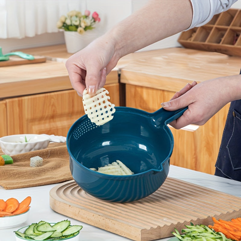 Multi-functional vegetable chopper for cutting, shredding, slicing, and grating vegetables in a hotel or commercial setting.