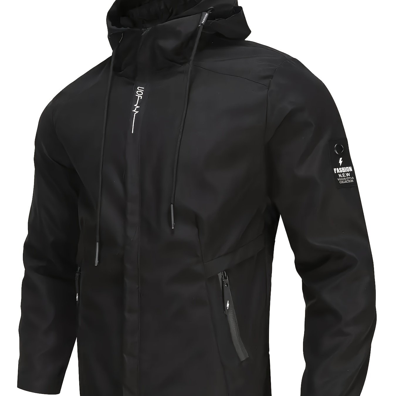 Windproof hooded jacket for men with embroidery detail, suitable for spring and autumn seasons.