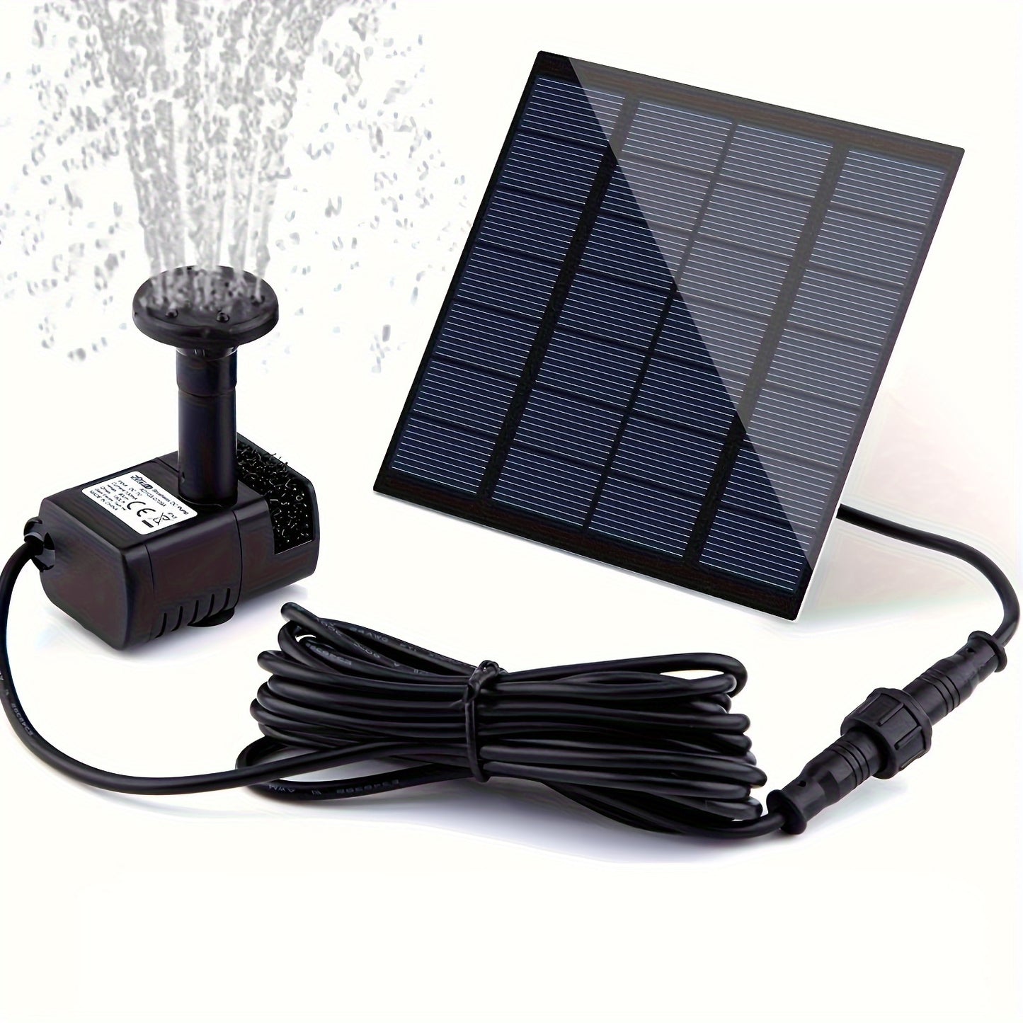 Solar-powered bird bath pump with removable photovoltaic module, ideal for garden, pond, pool, outdoor use.