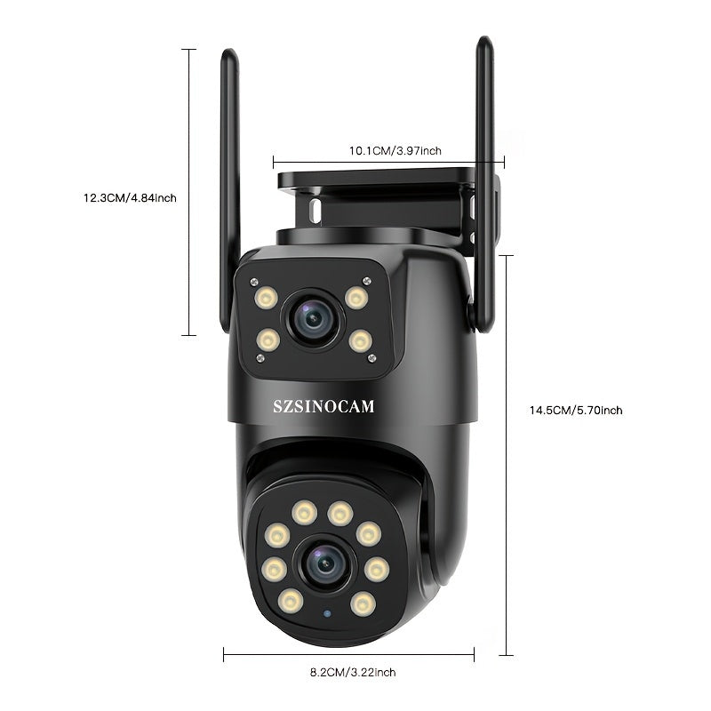 Sszinocam Dual-Lens WiFi Security Camera offers 720P HD resolution, AI Human Tracking, Color Night Vision, Two-Way Audio, Motion Alerts, Pan/Tilt Rotation, Quad HO Wall Mount, and USB Power