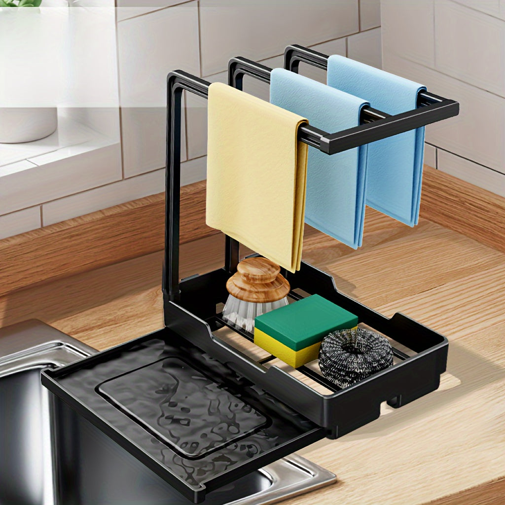 Durable wall-mounted dish cloth and sponge holder with drainable shelf for kitchen and bathroom organization. Perfect for neatly storing sponges and dishcloths, keeping your countertop clutter-free. Ideal for home organization and storage.