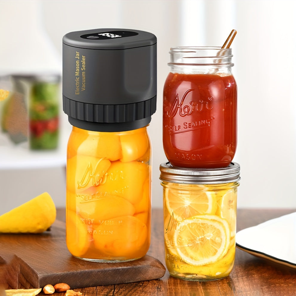 The Cordless USB Rechargeable Electric Mason Jar Vacuum Sealer Set includes a plastic vacuum seal machine with 10 lids. It features a built-in lithium battery with 1200mAh capacity, 5W semi-automatic operation, and is ideal for food preservation and