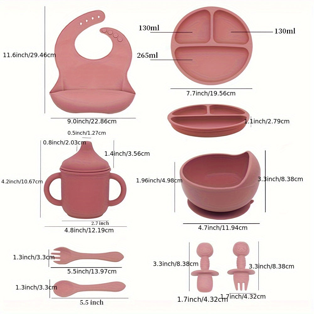 Set of 8 pieces of food grade silicone tableware including a feeding bib, plate, bowl, cup, silicone spoon, fork, and short spoon fork set. Perfect for gifting on Christmas, Halloween, Thanksgiving Day, New Year's, Valentine's Day, and Easter.