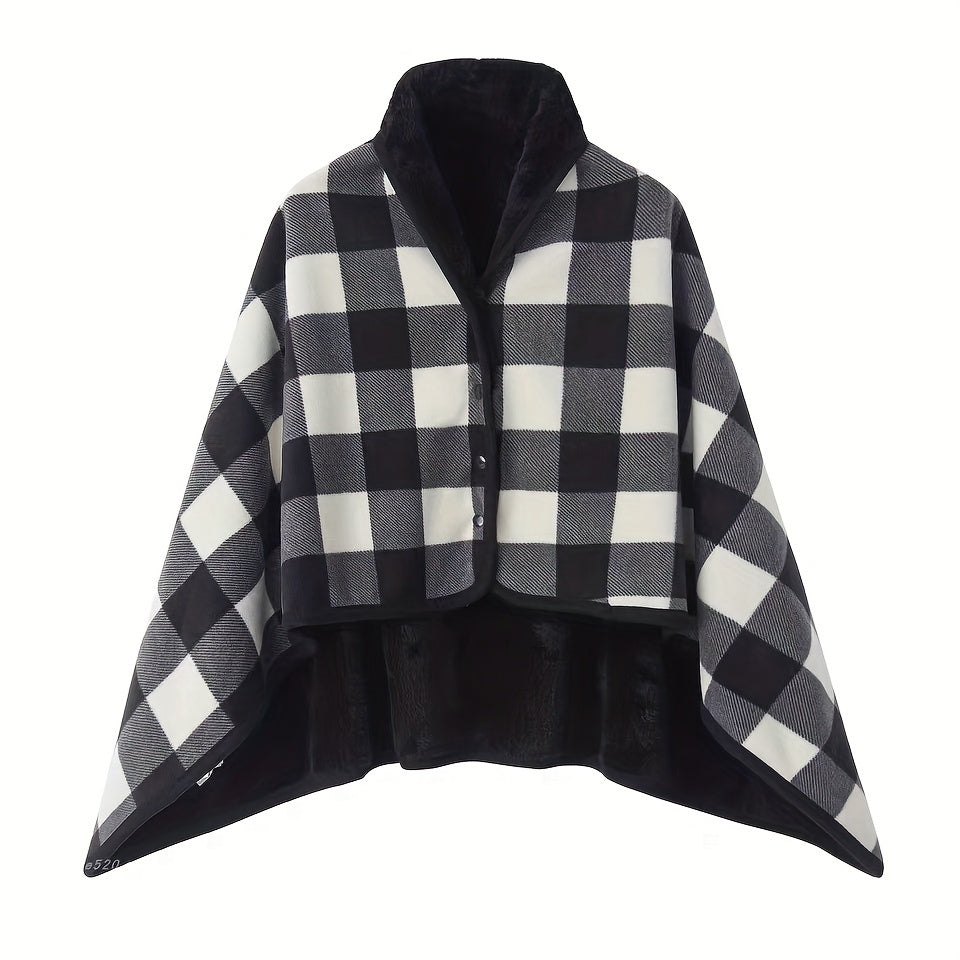 One piece versatile shawl blanket featuring a double layer of thick, plaid patterned polar fleece ideal for autumn and winter. Perfect for office use, this wearable blanket with legs is great for lounging on the couch or sofa.