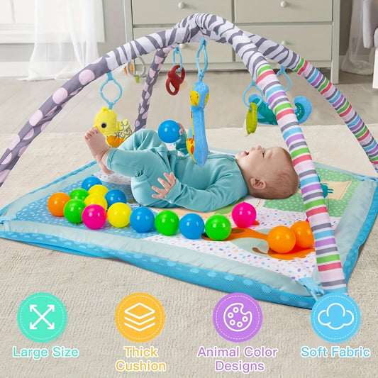 Large Activity Center with 5 interactive sensory dolls, 20 ocean balls, and a durable washable play mat for tummy time activities.