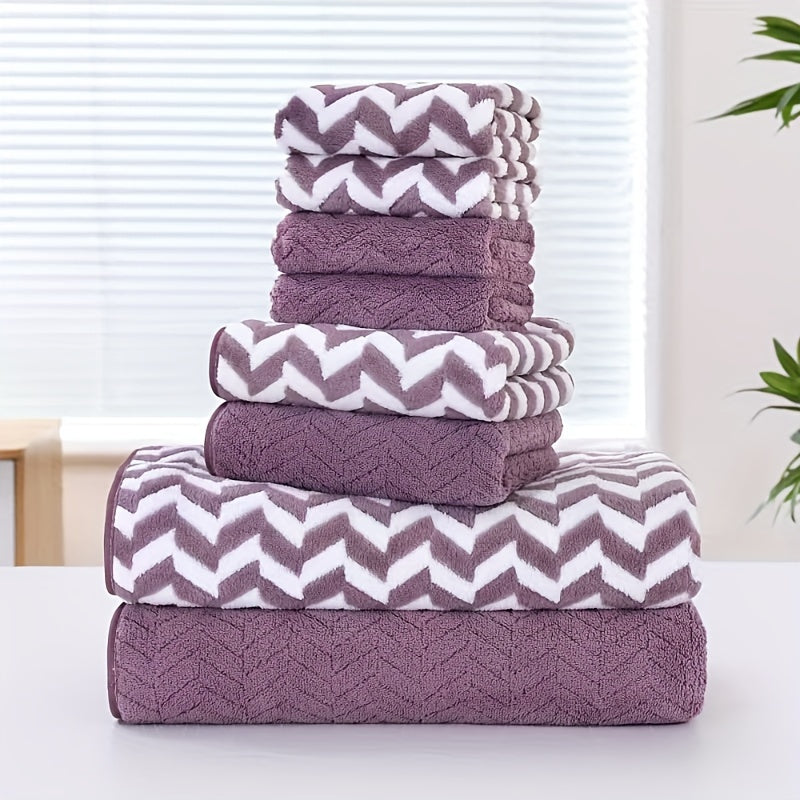 8-piece Chevron Stripe Towel Set for quick-drying absorbency in bathroom, Home, Hotel, and Spa. Includes 2 Bath Towels, 2 Hand Towels, and 4 Washcloths made of 280gsm Polyester.