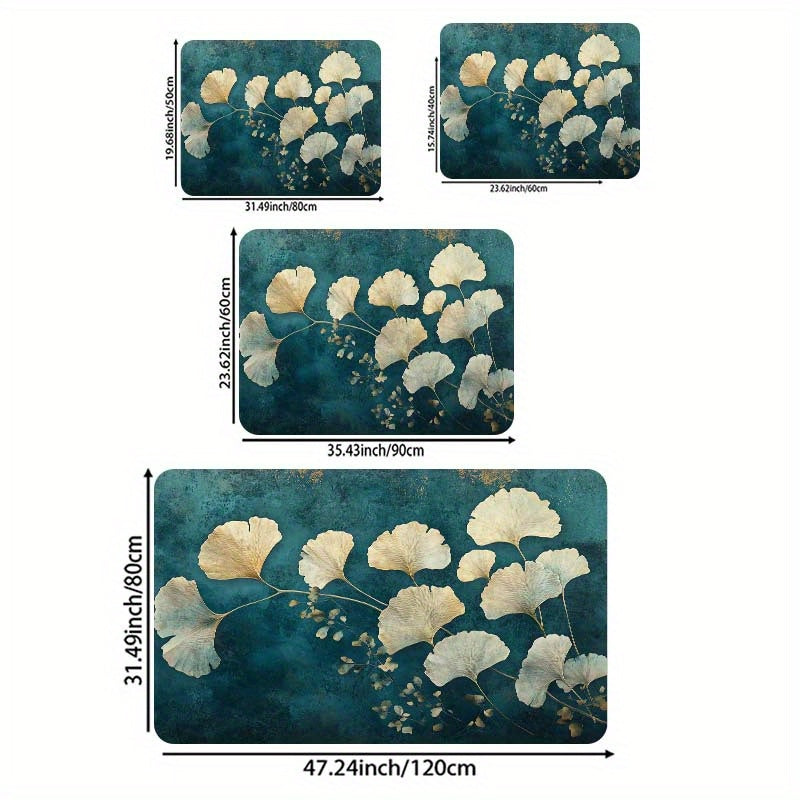 This retro-style Ginkgo Leaf pattern floor mat is 8mm thick and made from soft, high-quality material. It is suitable for use in the kitchen, living room, or bedroom. This durable mat is machine washable and can be used as an entrance door mat or